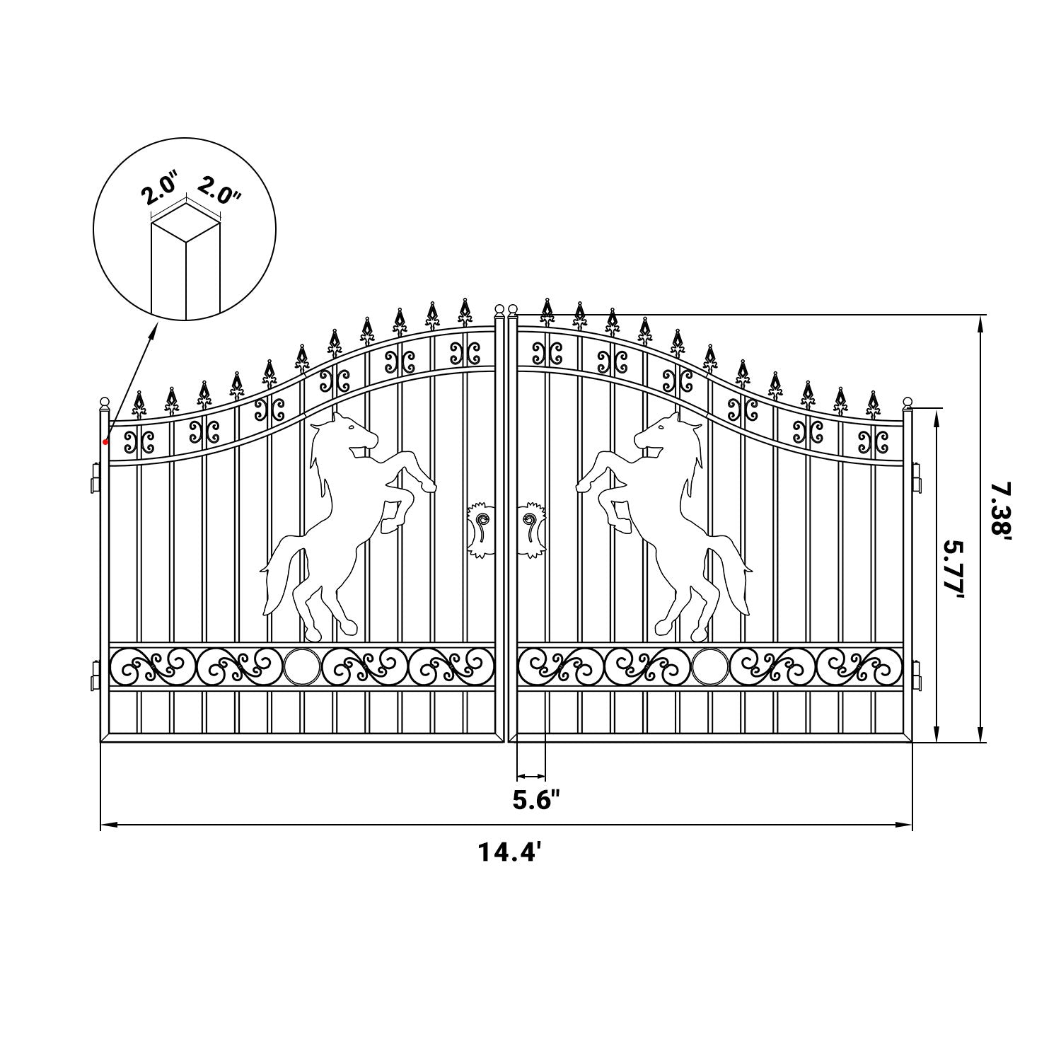 Dimension of 14 ft steel dual swing driveway gate with horse pattern