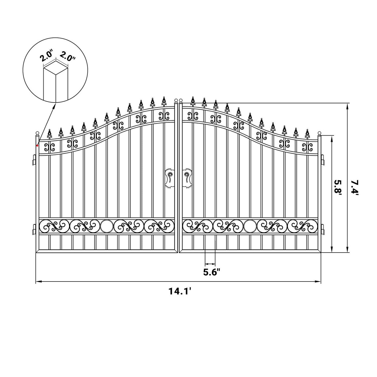 Dimension of the 14ft dual swing driveway gate with basic design#design_basic