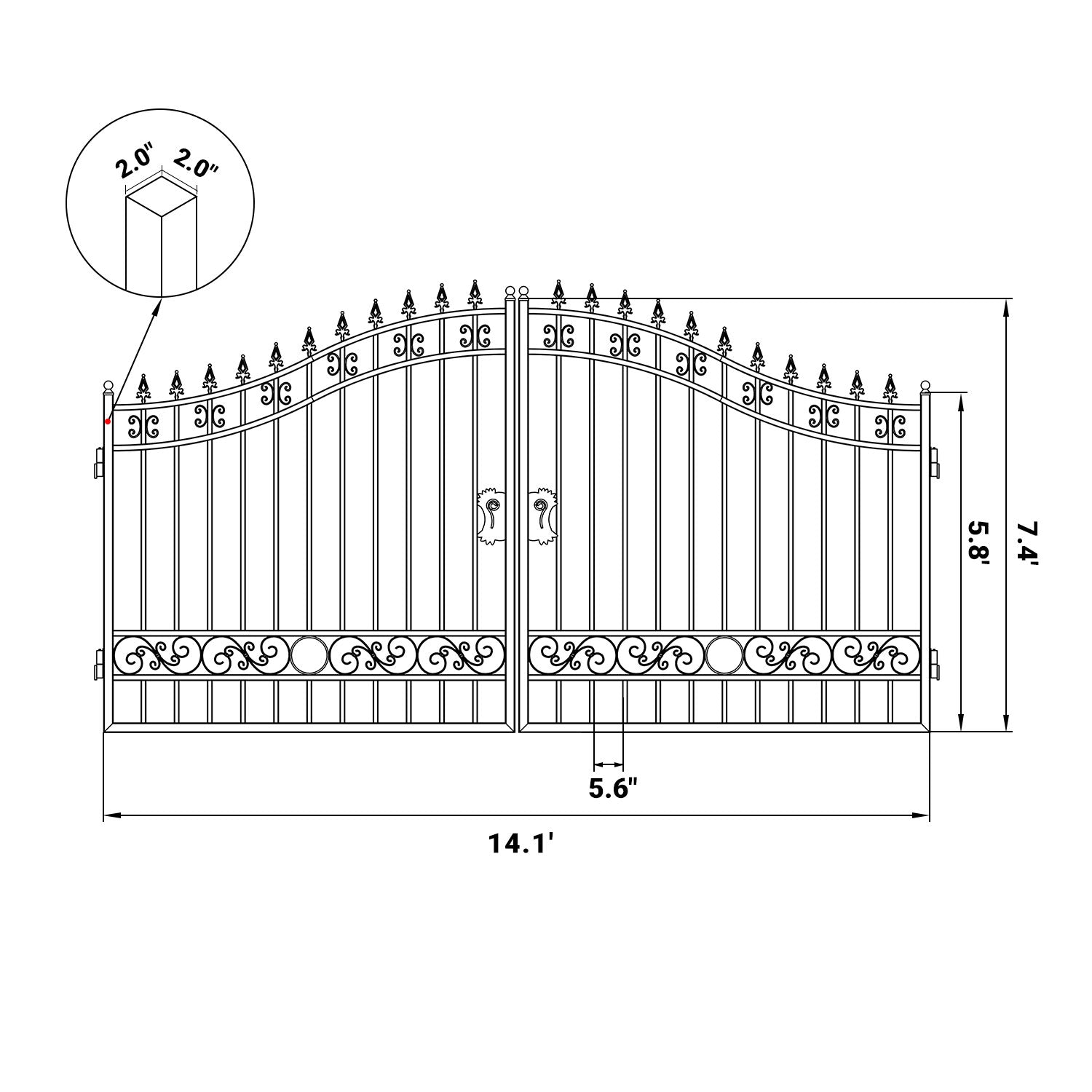 Dimension of the 14ft dual swing driveway gate with basic design