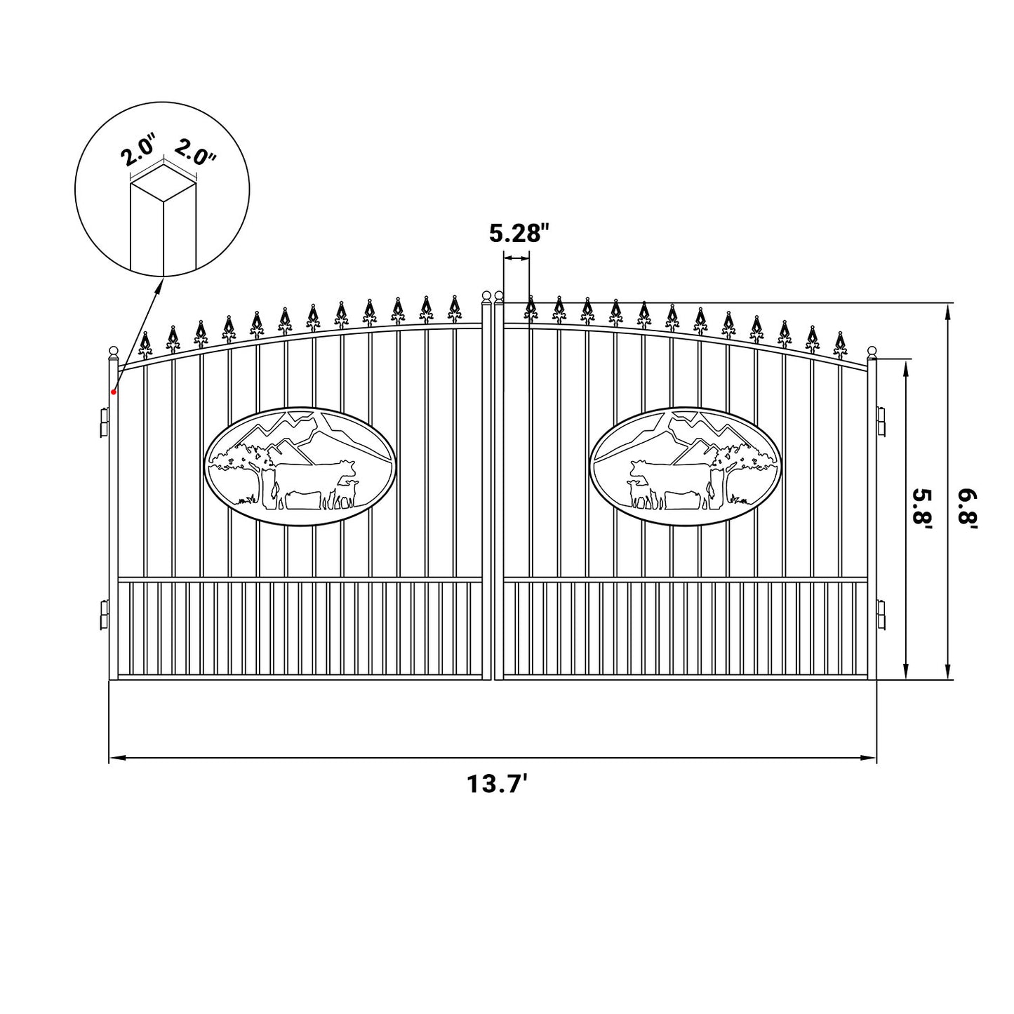 Dimension of the 14ft dual swing driveway gate with ox pattern
#design_ox