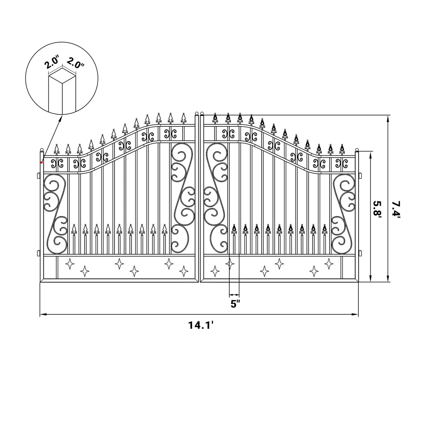 Dimension of the 14ft dual swing driveway gate with star pattern#design_star