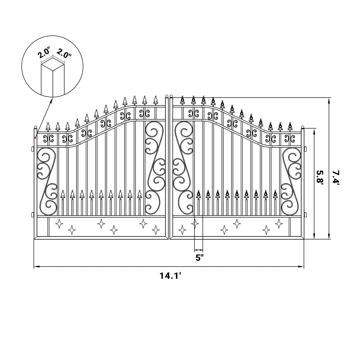 Dimension of the 14ft dual swing driveway gate with star pattern
