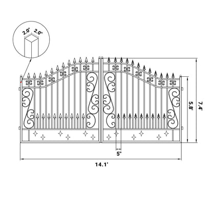 Dimension of the 14ft dual swing driveway gate with star pattern#design_star