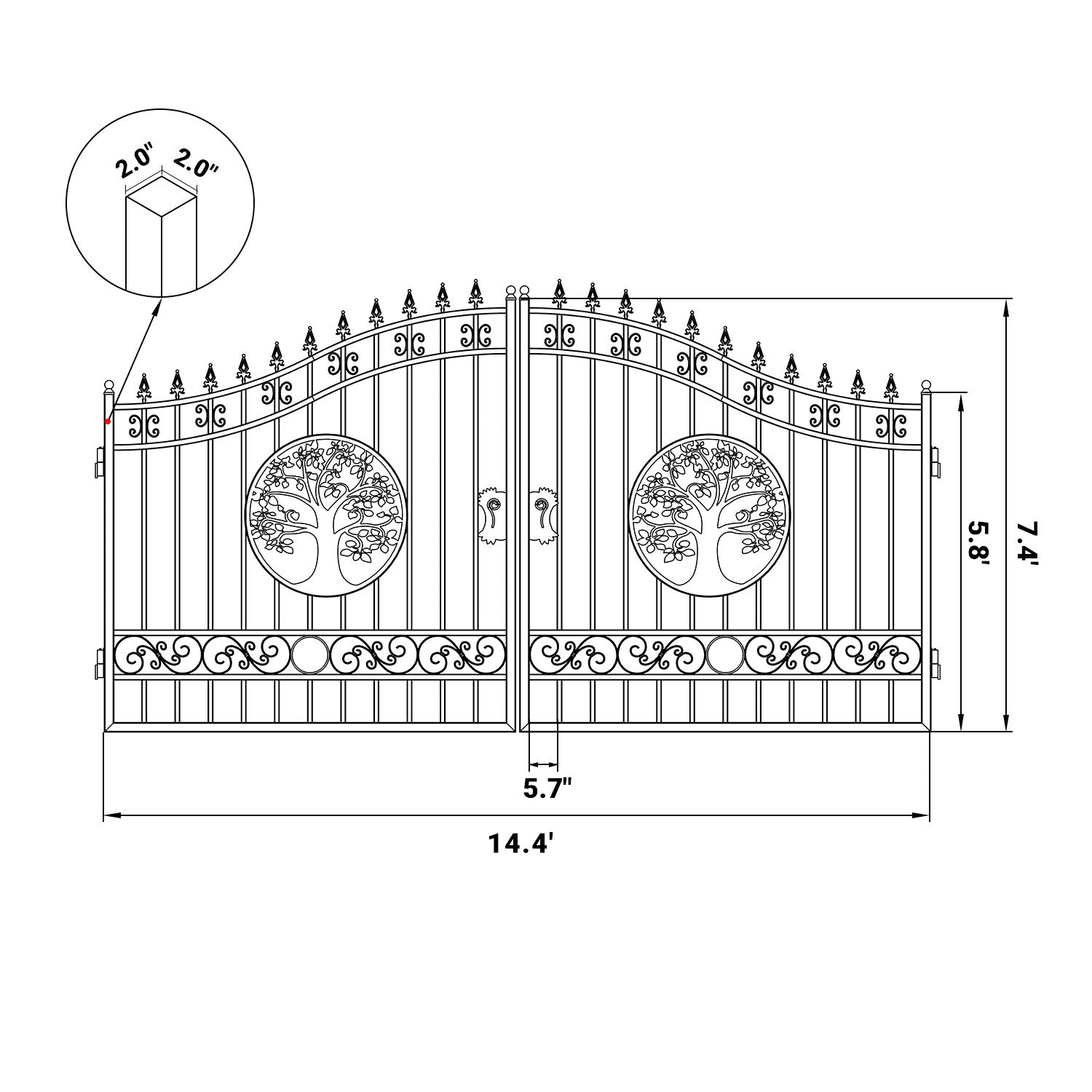 Dimension of the 14ft dual swing driveway gate with tree pattern