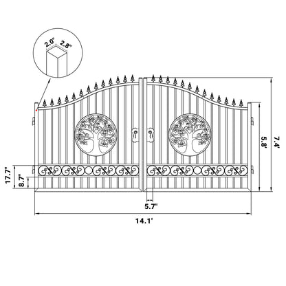 Dimension of 14x8 ft Steel Dual Swing Driveway Gate with Wider Goalposts