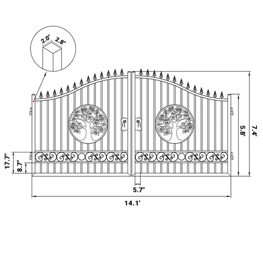 Dimension of 14x8 ft Steel Dual Swing Driveway Gate with Wider Goalposts