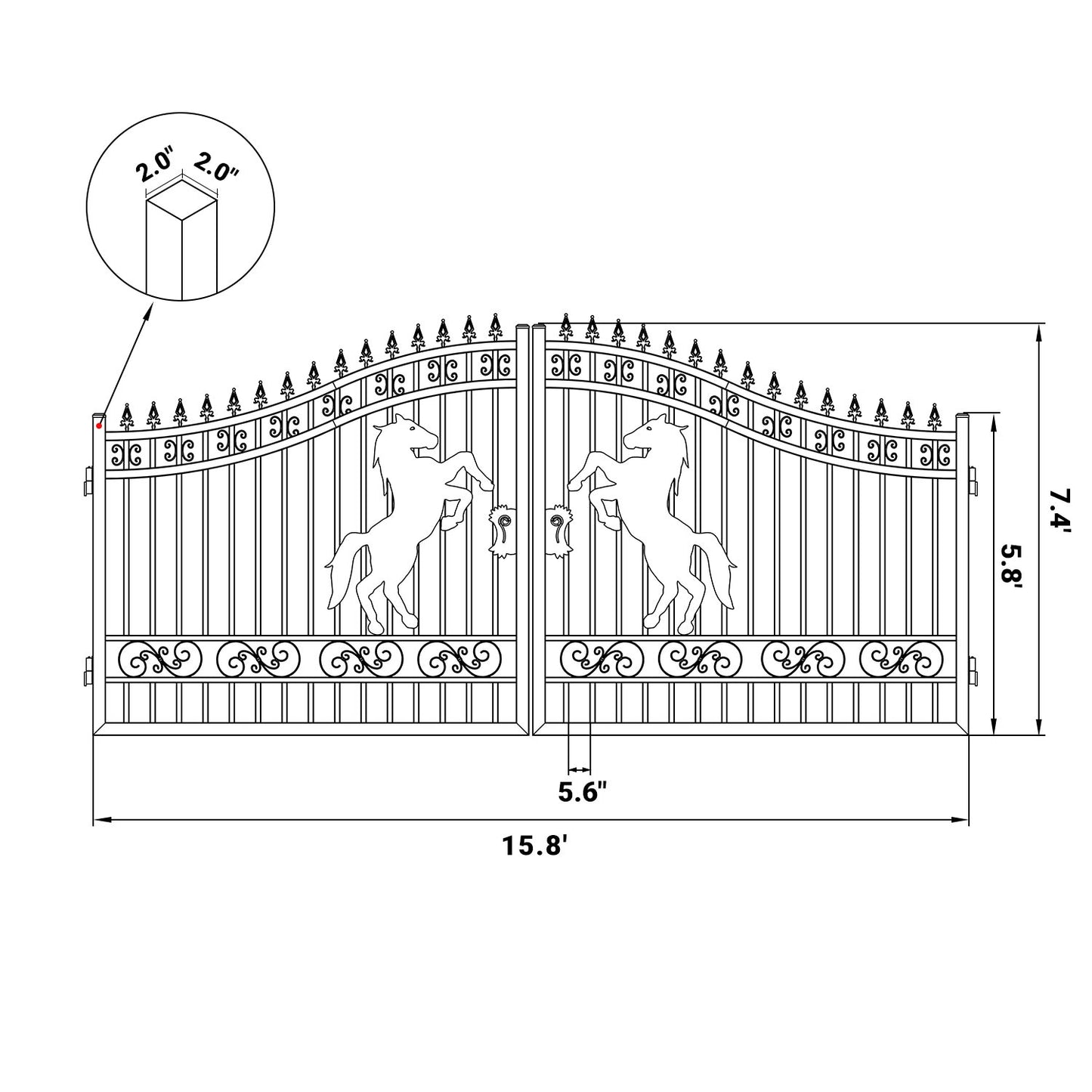 Dimension of 16 ft Steel Dual Swing Driveway Gate with Horse Pattern