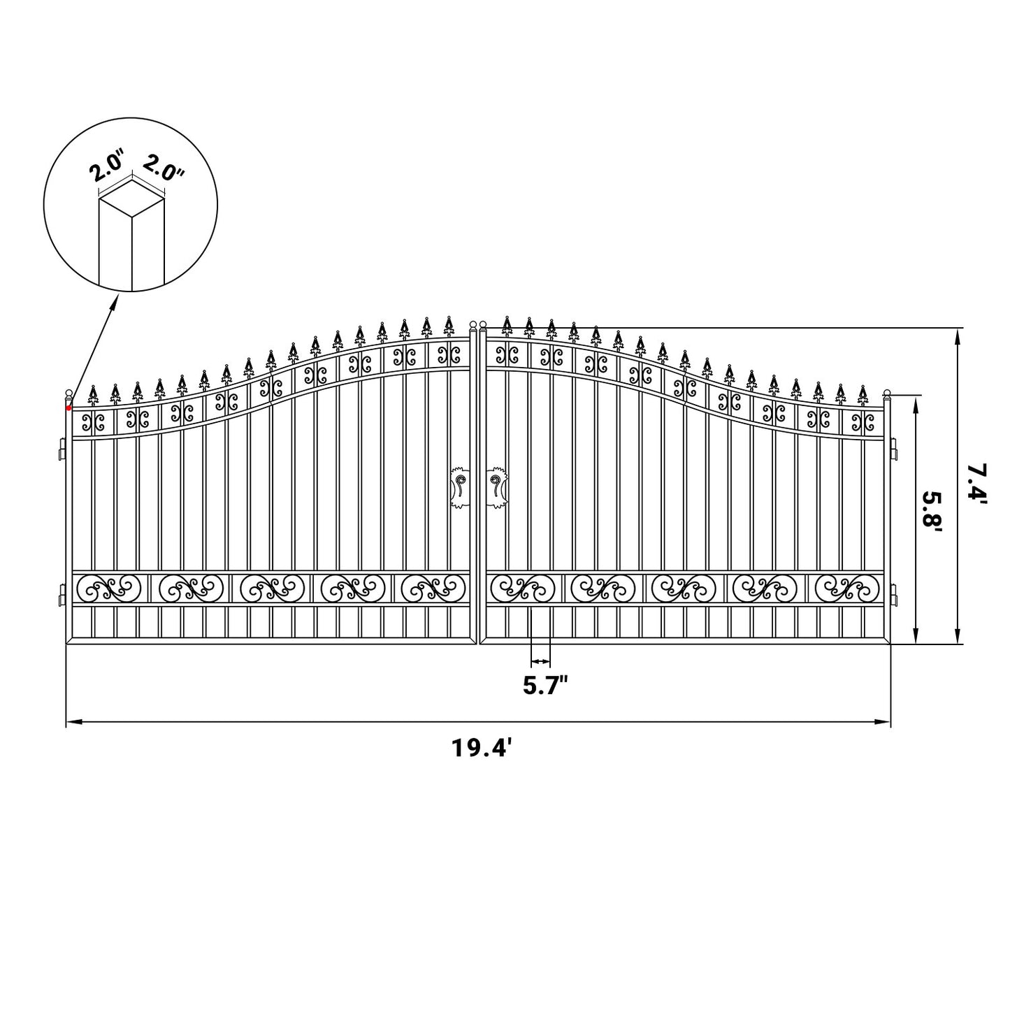 Dimension of the 20ft dual swing driveway gate with basic design#design_basic