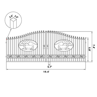 Dimension of the 20ft dual swing driveway gate with ox design#design_ox