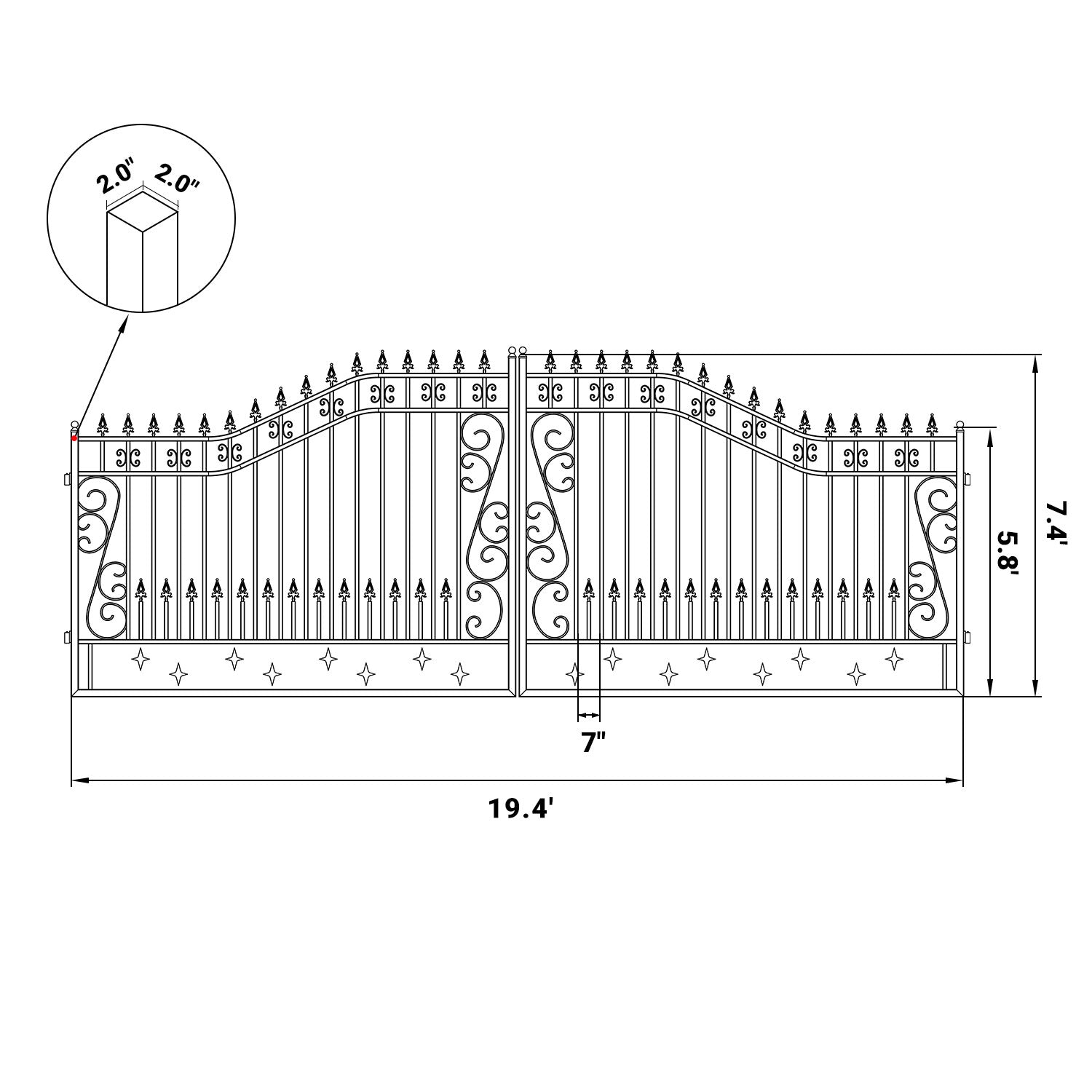 Dimension of the 20ft dual swing driveway gate with star design#disgn_star 
