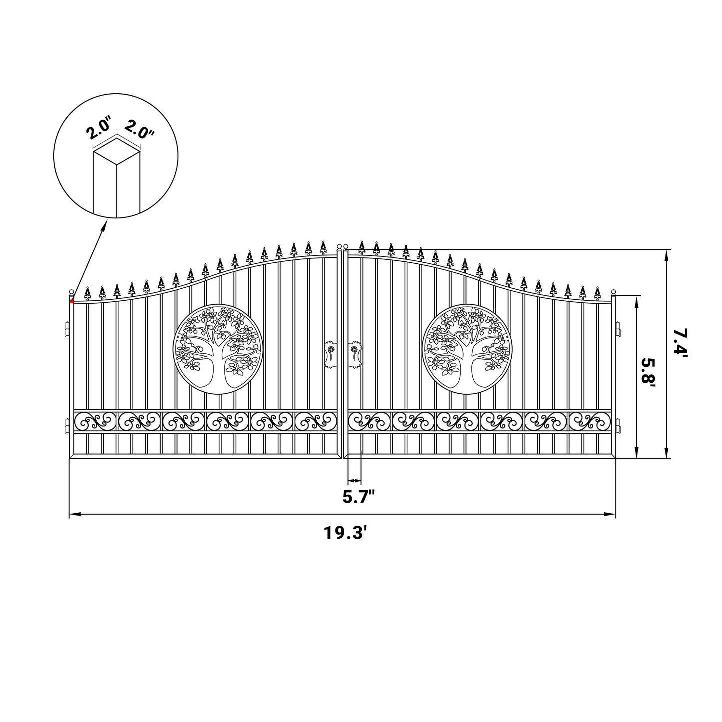 Dimension of the 20ft dual swing driveway gate with tree pattern#design_tree