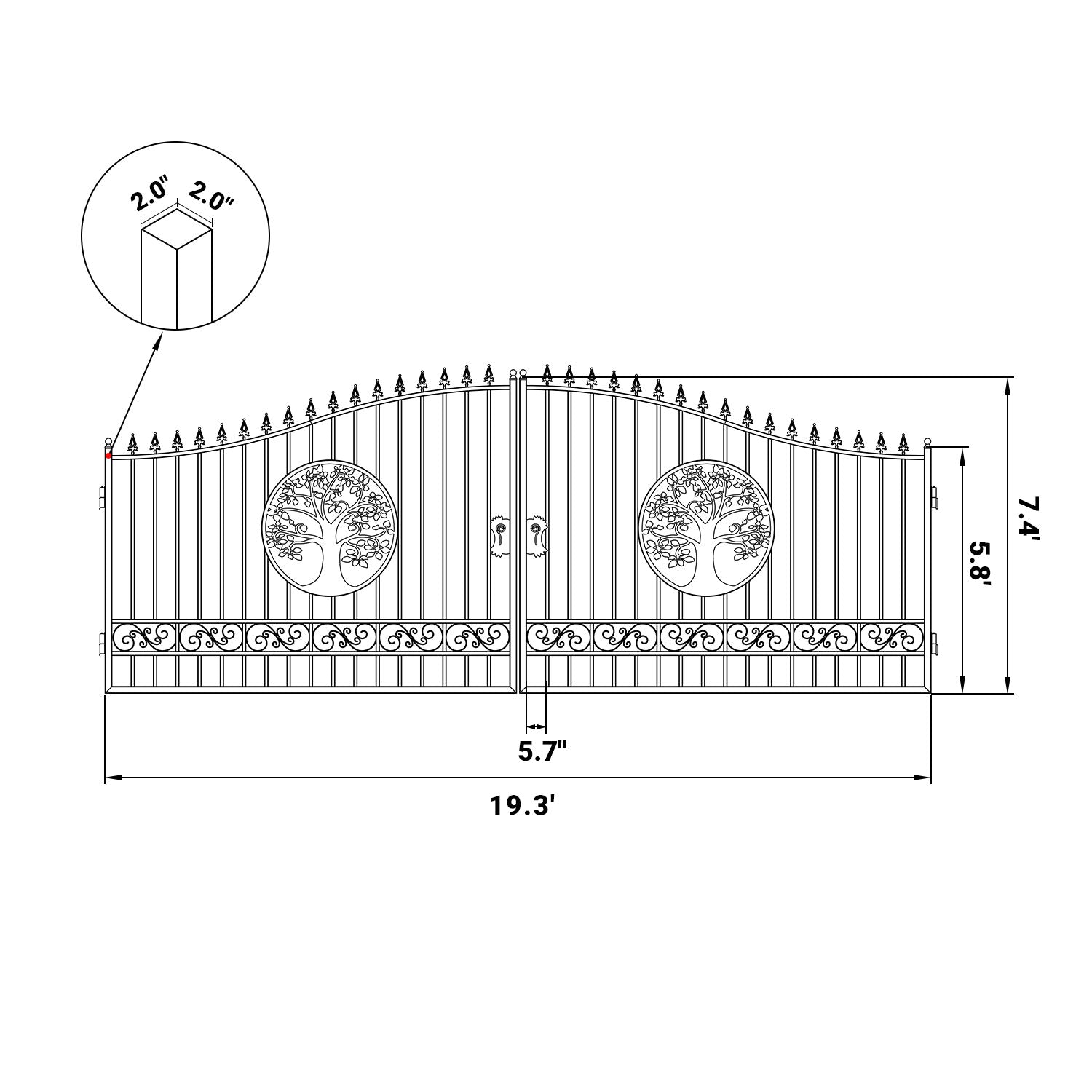 Dimension of the 20ft dual swing driveway gate with tree pattern