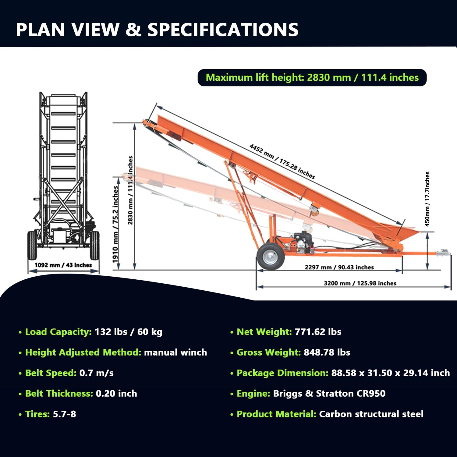 Dimension of 6.5HP Firewood Conveyor