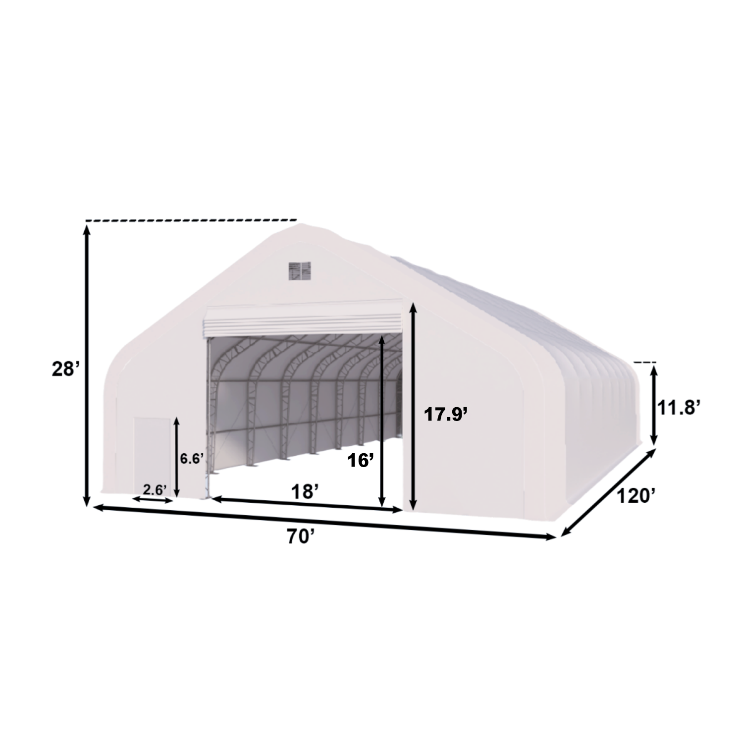 Dimension of w70'xl120'xh28' double truss storage shelter