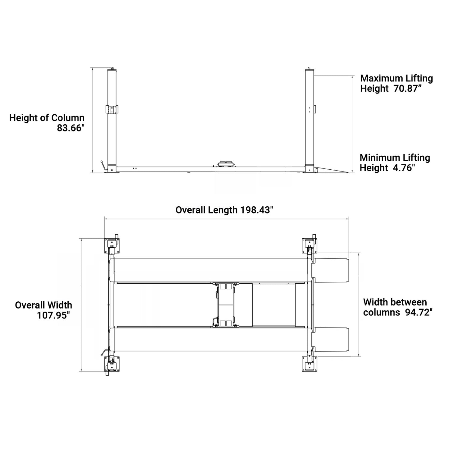 Dimension of KT-4H850 8,500 lbs 4-post car lift