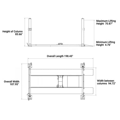 Dimension of KT-4H850 8,500 lbs 4-post car lift
