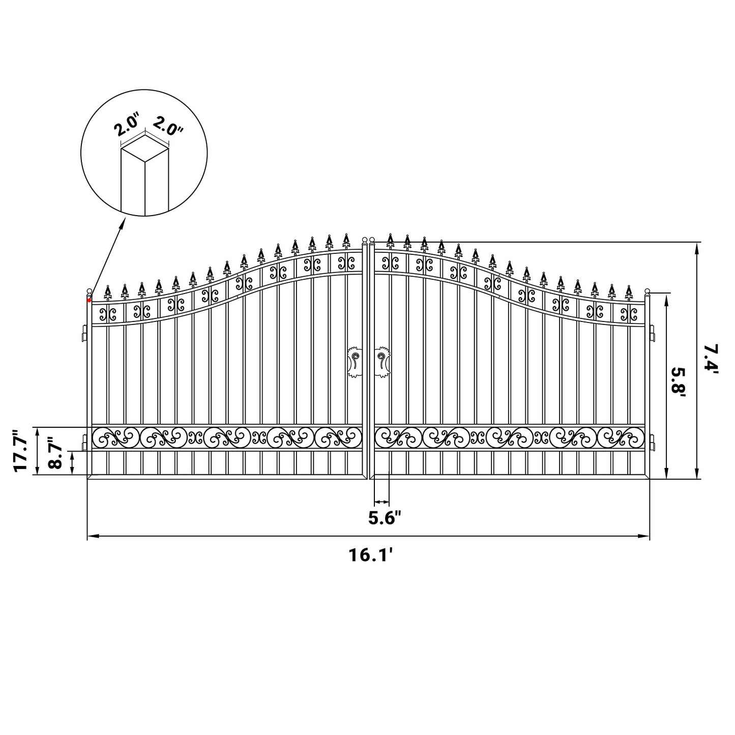 Dimension of the 16 ft Dual Swing Driveway Gate with No Decor