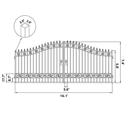Dimension of the 16 ft Dual Swing Driveway Gate with No Decor