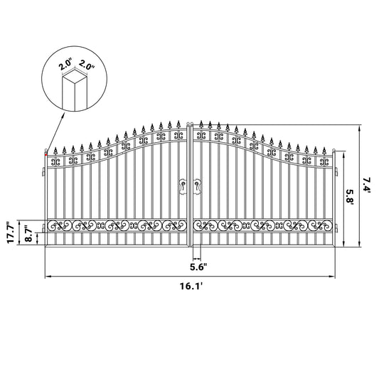 Dimension of the 16 ft Dual Swing Driveway Gate with No Decor