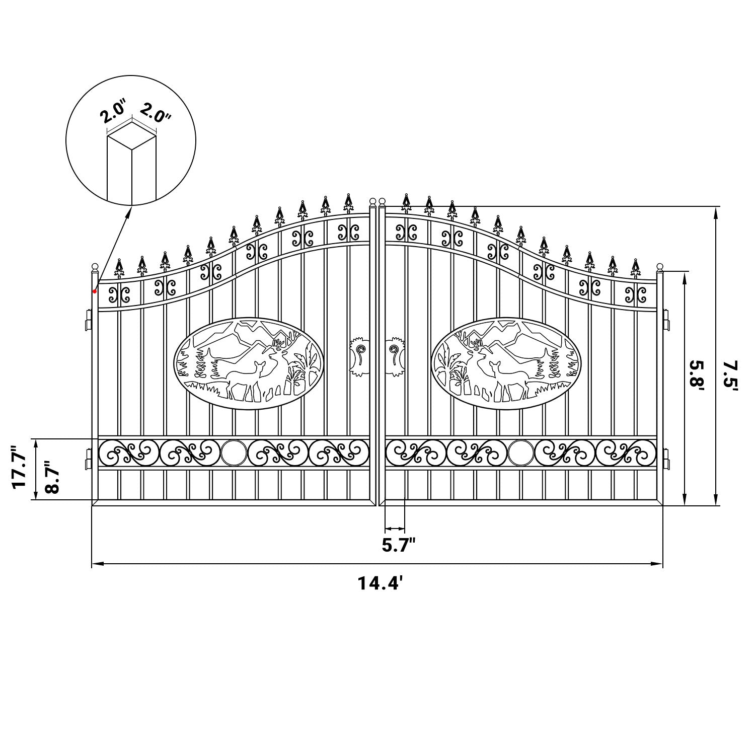 Dimensions of 14x8 ft Steel Dual Swing Driveway Gate with Deer Pattern#design_deer