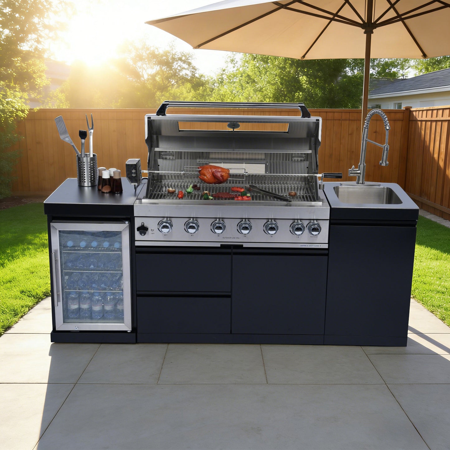 Stainless 82" 6-Burner 85000 BTU Black Outdoor Kitchen Island Grill + Refrigerator + Sink