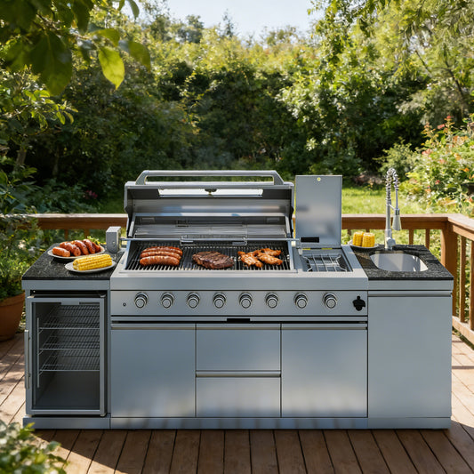 96" 6-Burner 96,000 BTU Silver Outdoor Kitchen Island Grill with Wine Cooler & Sink