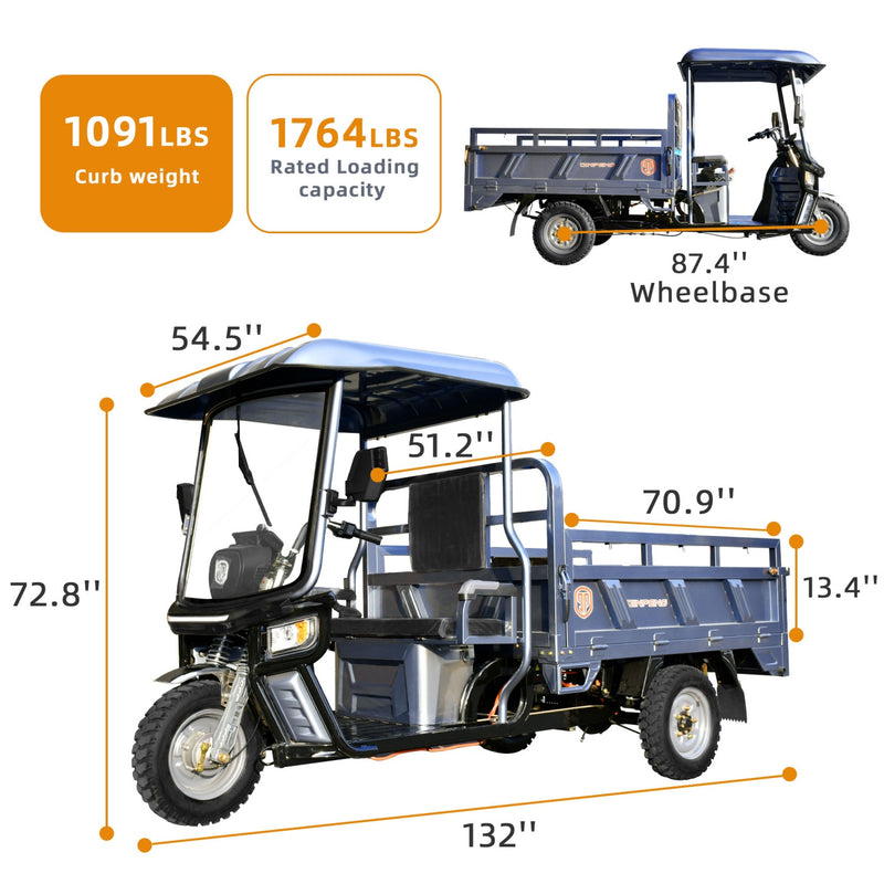Electric Hydraulic Dump Cargo Tricycle 1760lb Load Capacity, 60V 1500W Motor