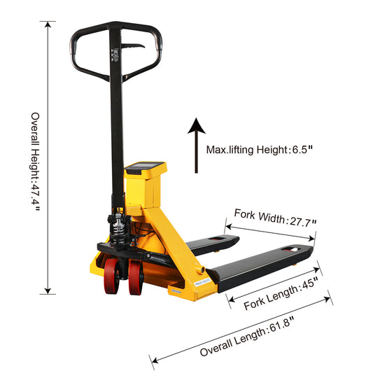 Manual Pallet Jack with Digital Scale | 45" x 27.7" Forks | PU Wheels | 5500 lbs. Capacity