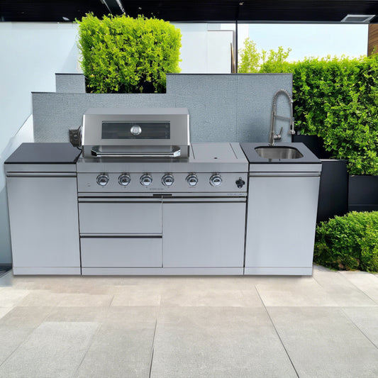 85" 4-Burner 72,000 BTU Silver Outdoor Kitchen Island Grill + Side Burner + Storage Cabinets & Drawers