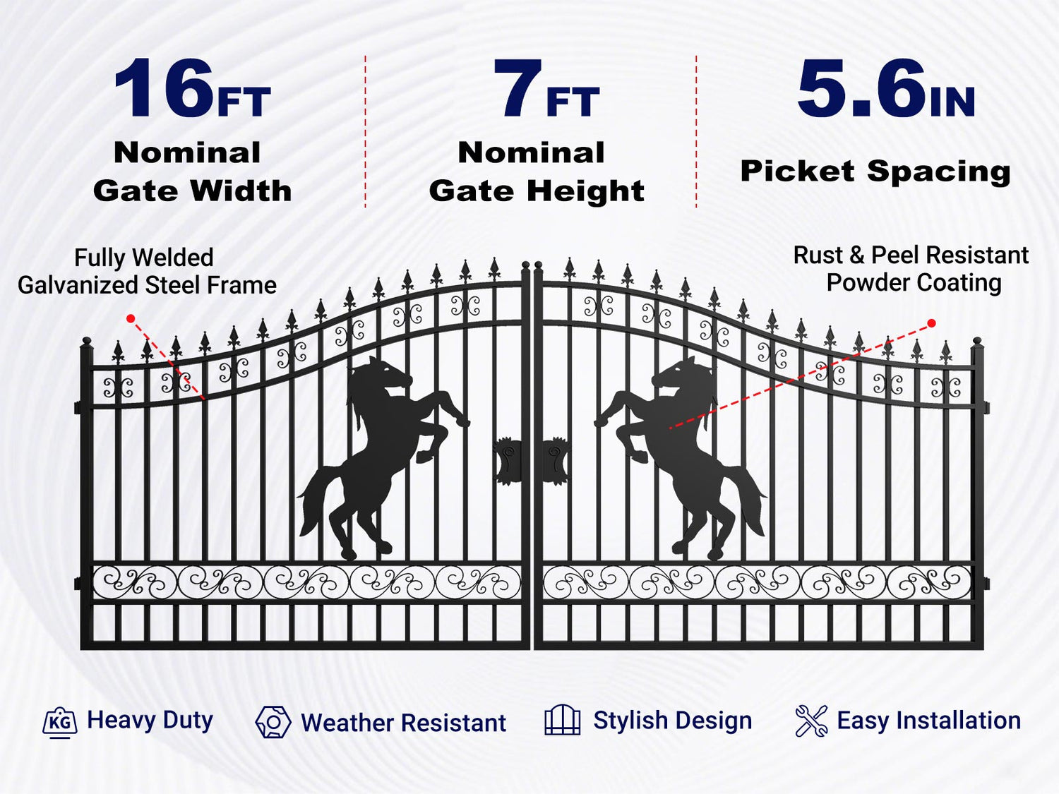 Overview of features of 16ft steel dual swing driveway gate with horse pattern