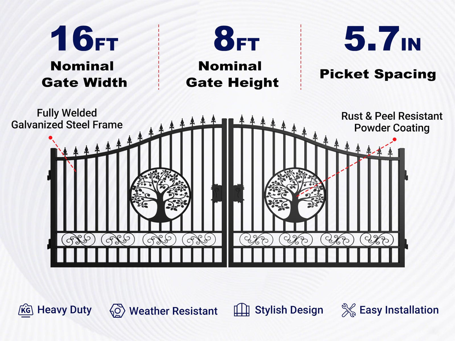 Key features of the 16ft dual swing driveway gate with tree pattern