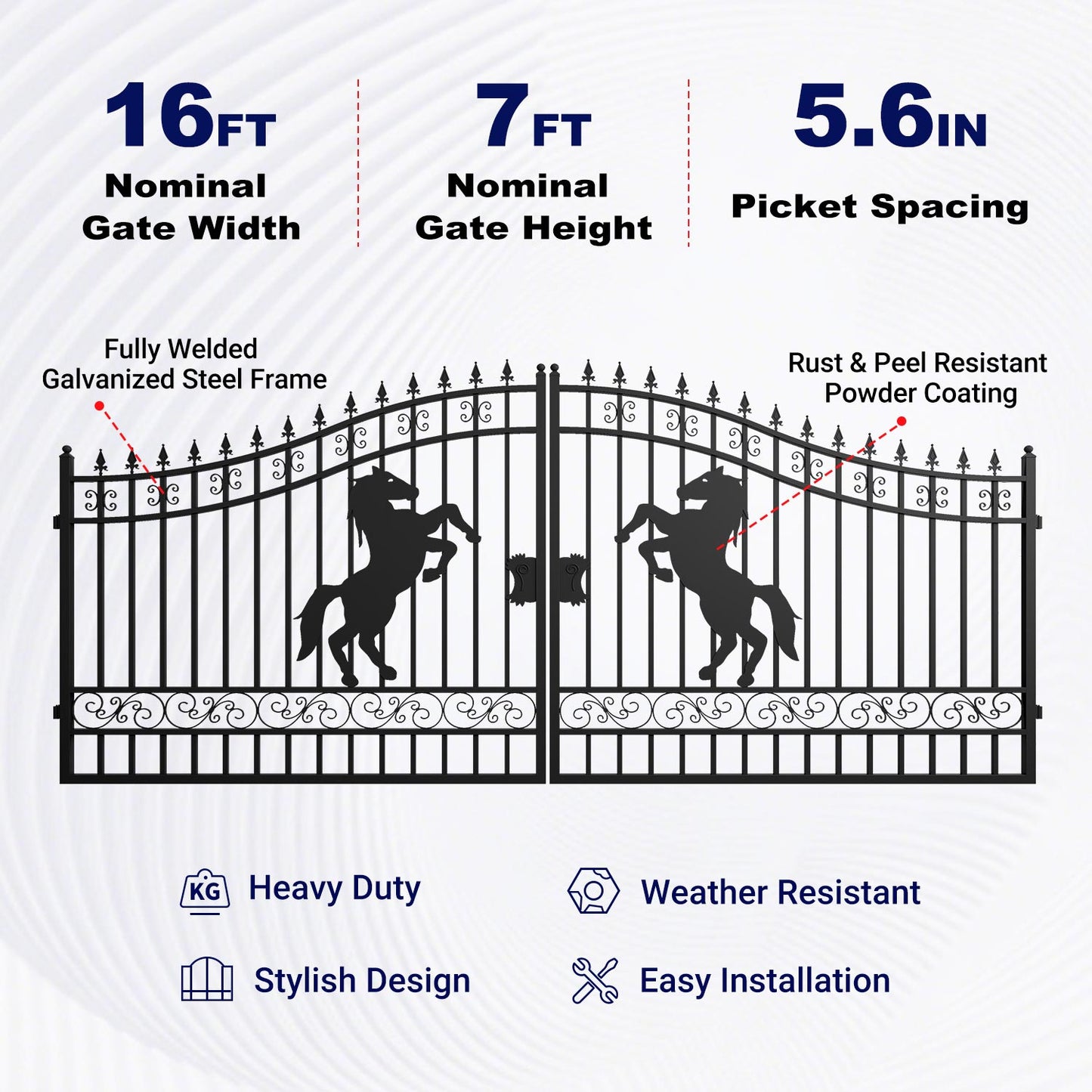 Features of 16ft horse pattern driveway gate