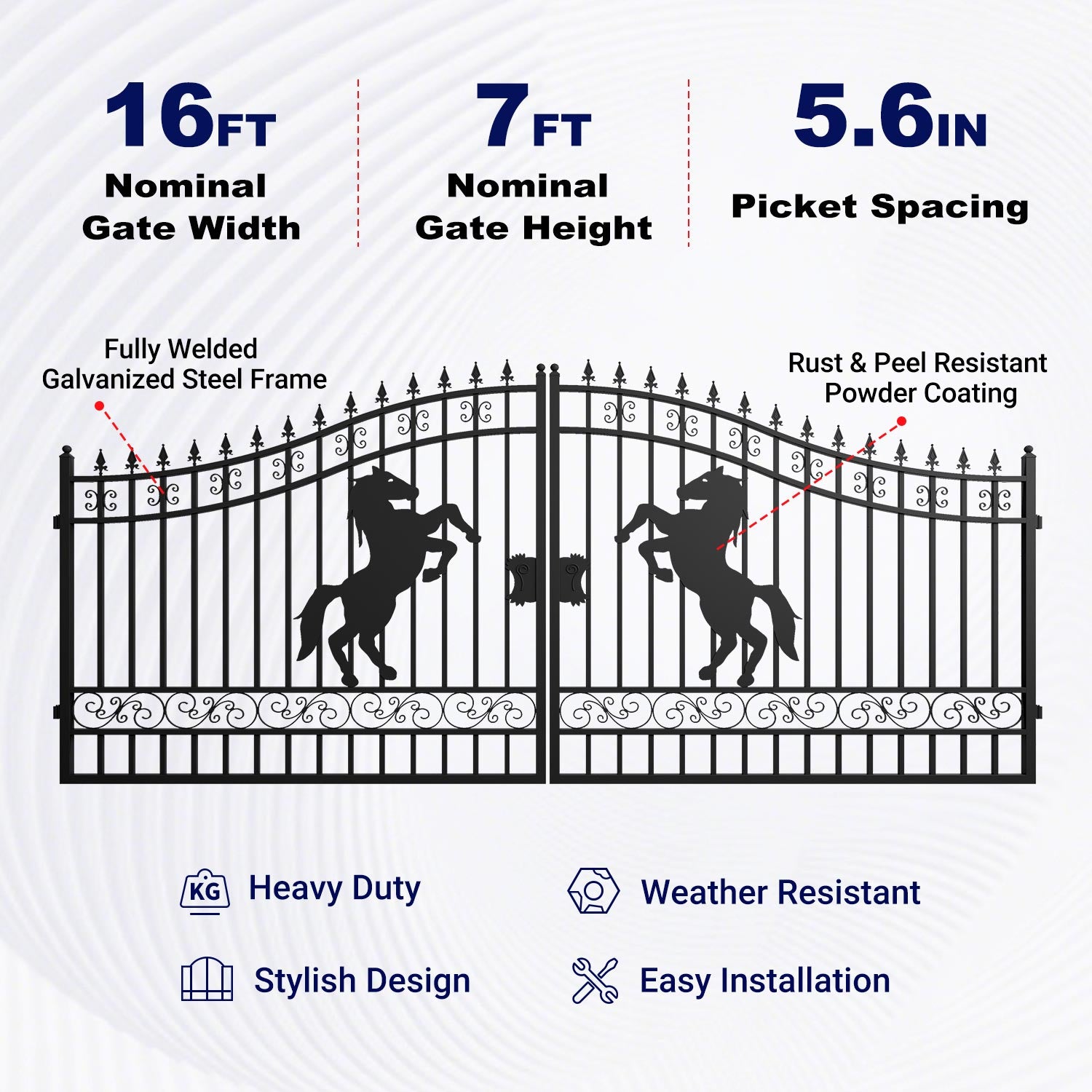 Features of 16ft horse pattern driveway gate