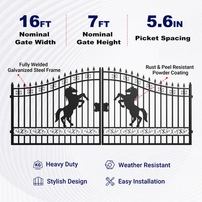 Features of 16ft horse pattern driveway gate