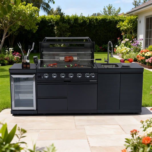 96" 6-Burner 85000 BTU Deluxe Stainless Steel Gas Outdoor Kitchen Island Grill with Wine Cooler & Sink