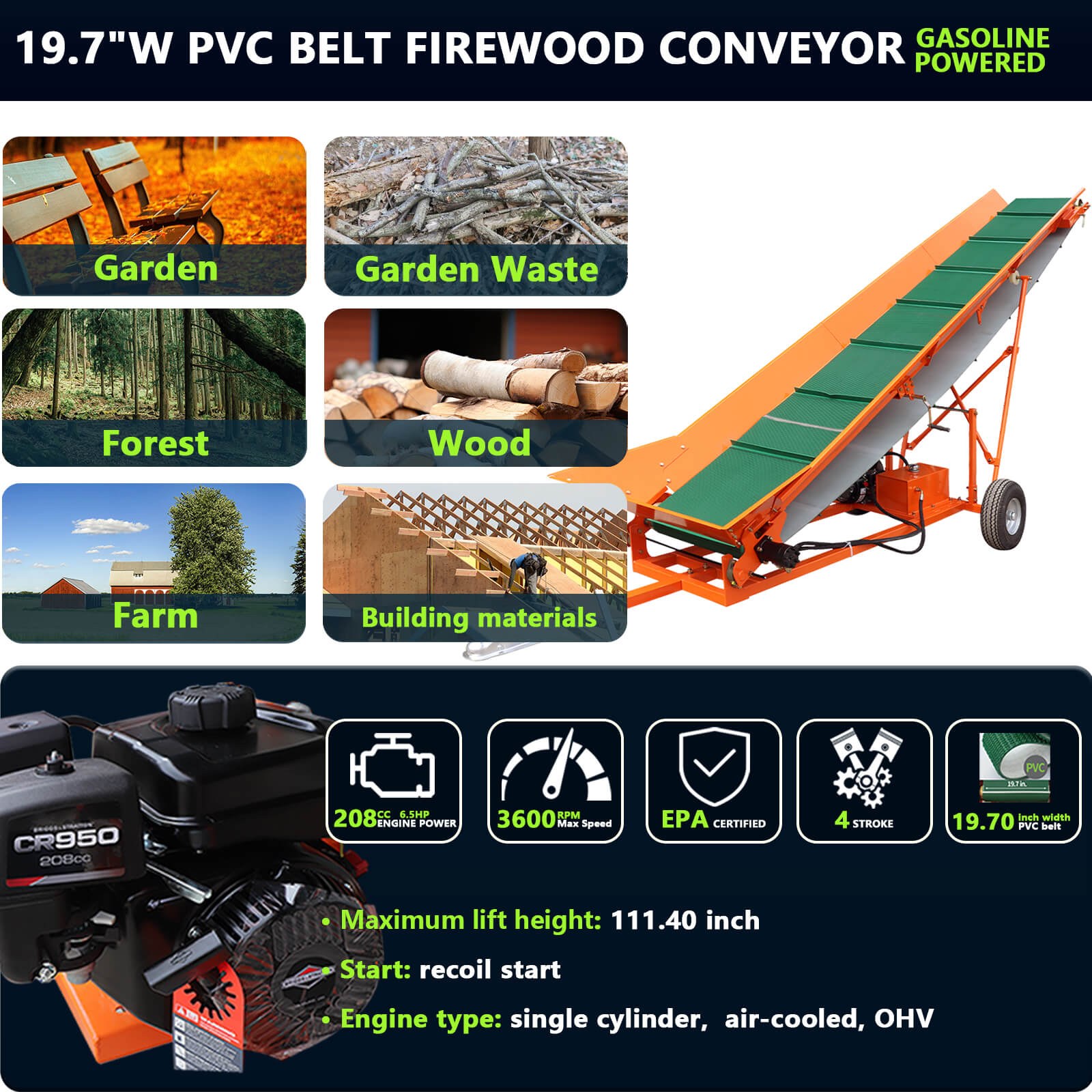 Firewood Conveyor 6.5HP Wood Conveyor with B&S Engine and 19.7" PVC Belt