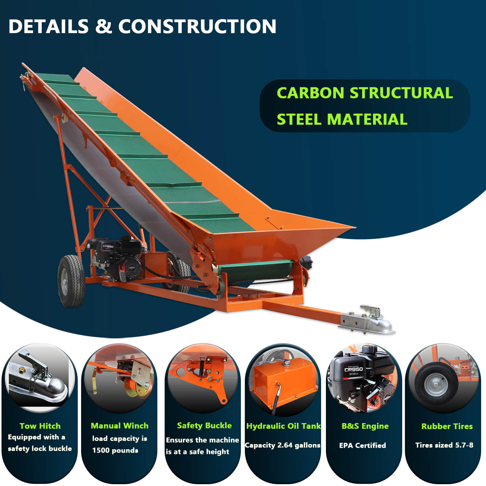 Firewood Conveyor 6.5HP Wood Conveyor with B&S Engine and 19.7" PVC Belt