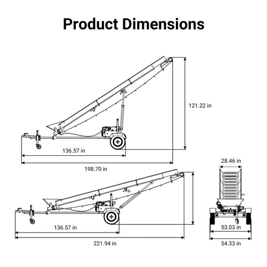Technical drawing of a crane with labeled dimensions on a white background
