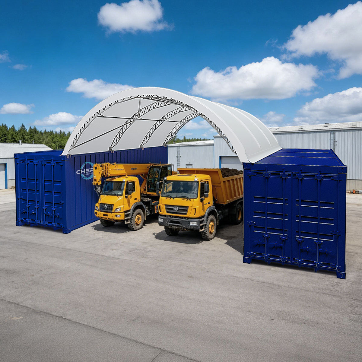 Two yellow trucks under a large white tent with storage containers on a clear day.
