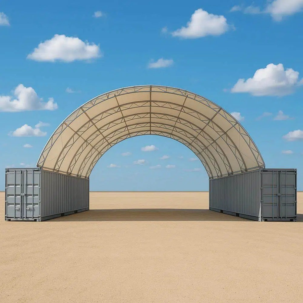 container shelter 40x40x15 with a fabric arch and metal containers on a clear sky background