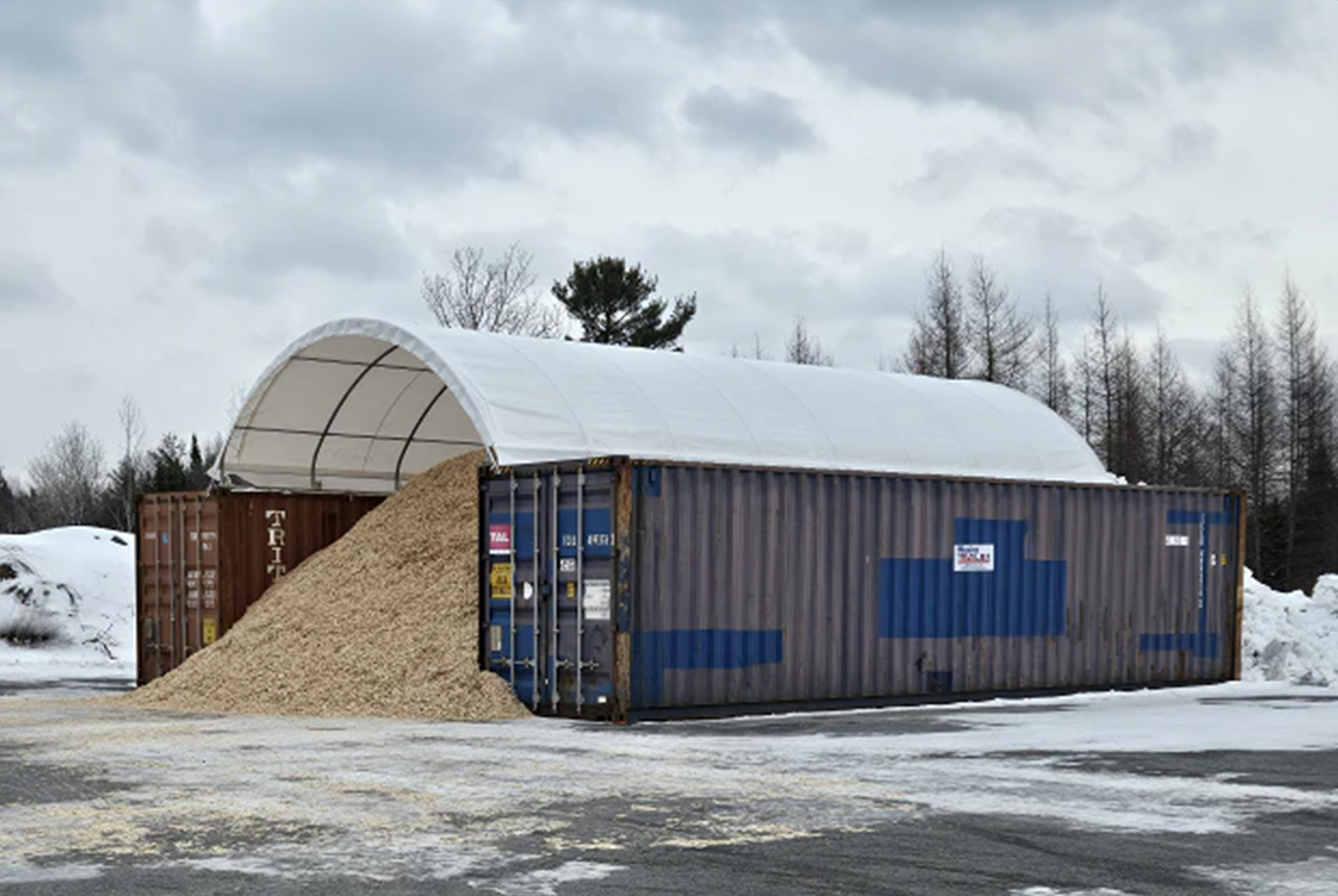 Gold Mountain container shelter is perfect for storage of farm supplies.
