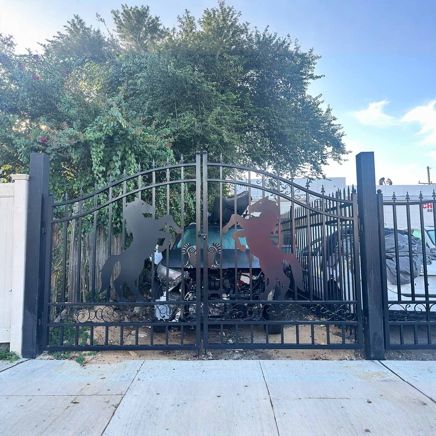 14x8 ft horse pattern steel dual swing driveway gate application