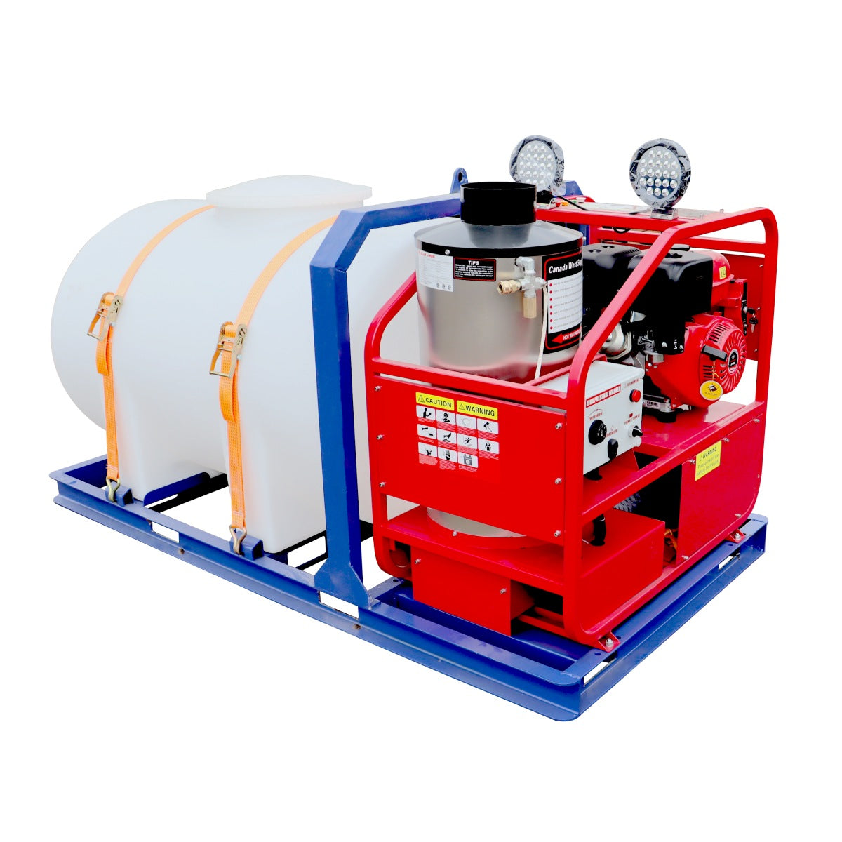 Industrial machine with red and blue components on a white background