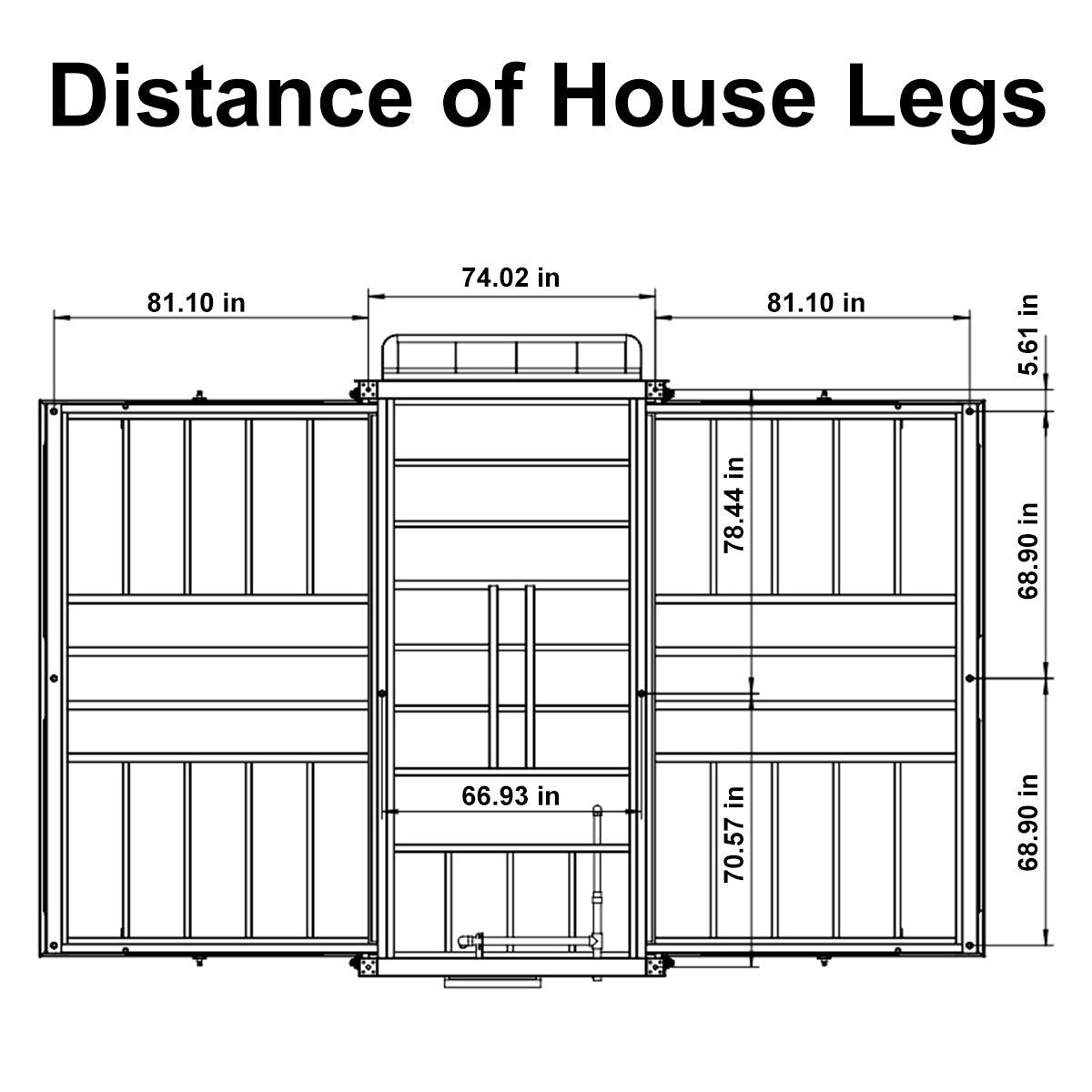 Diagram showing the distance measurements of a house's legs with labeled dimensions.