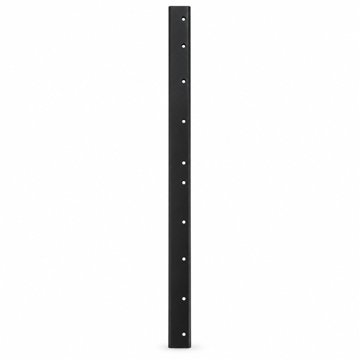 Narrow black metal mounting bracket or rack strip with evenly spaced circular holes