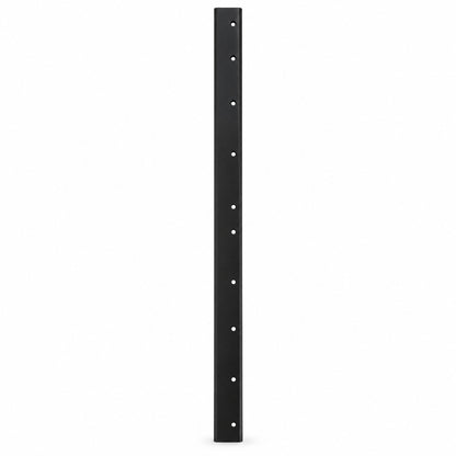 Narrow black metal mounting bracket or rack strip with evenly spaced circular holes