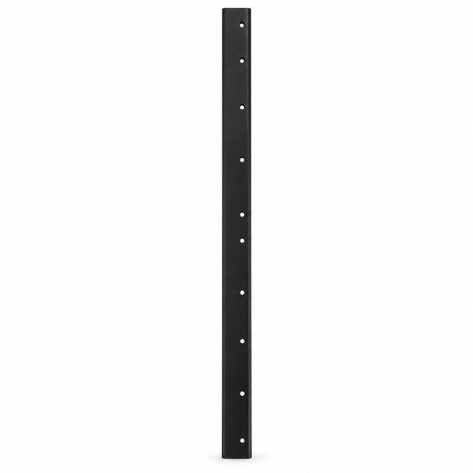 Narrow black metal mounting bracket or rack strip with evenly spaced circular holes