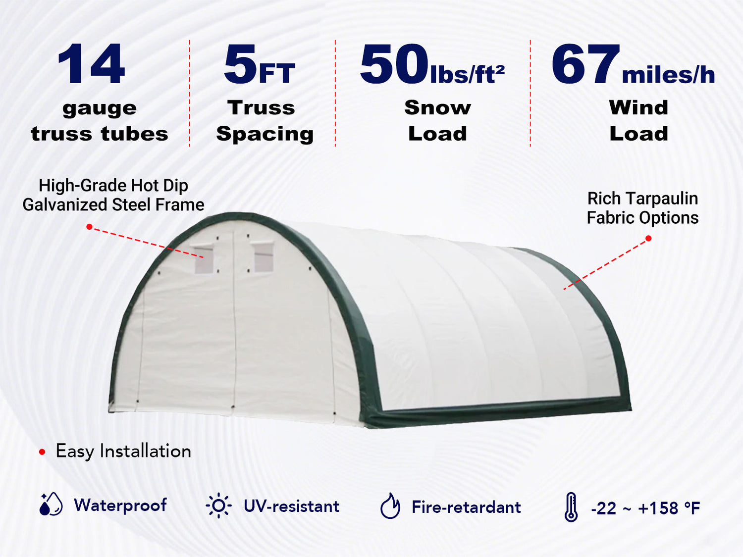 key features of 20x30x12 ft single truss storage shelter 