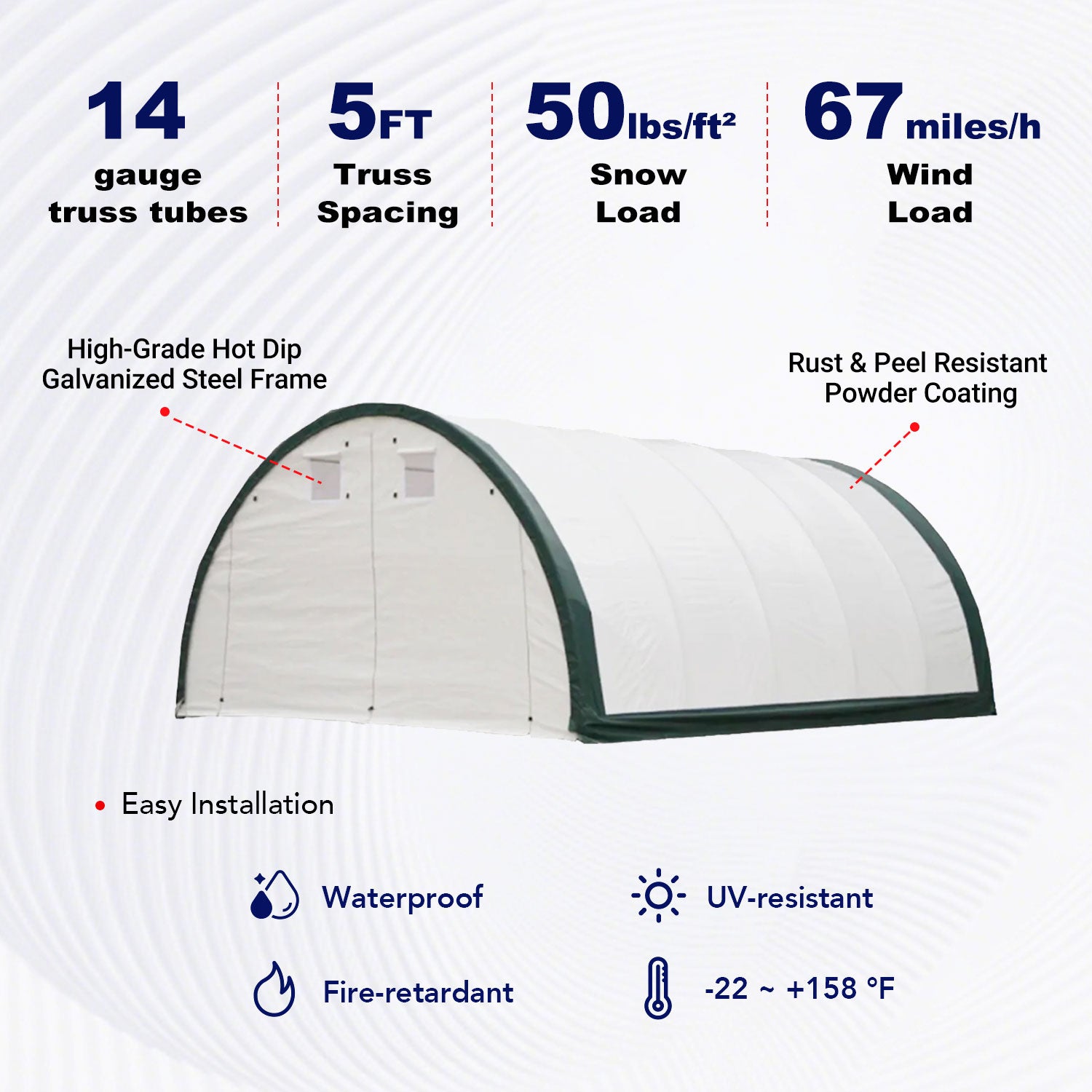 key features of 20x30x12 ft single truss storage shelter