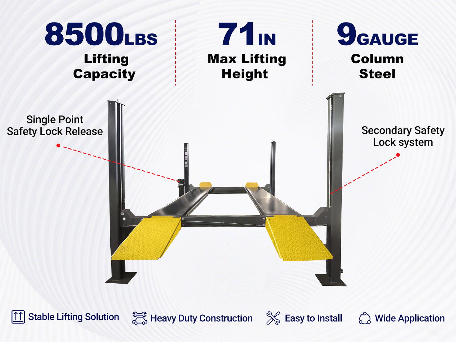 Key features of KT-4H850 8,500 lbs 4-post car lift